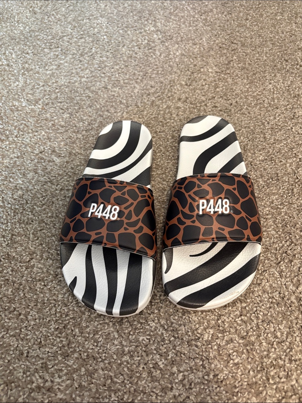 P448 Brown & Black Giraffe-Print Slide Sandals with Black & White Zebra Footbed